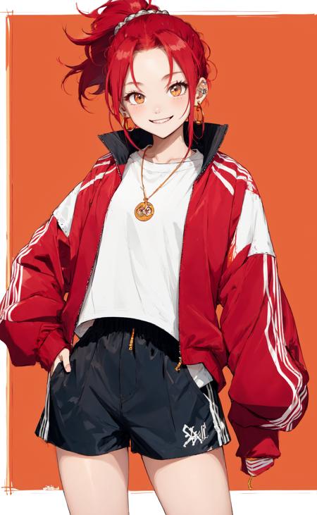 70420-1401439812-(sketch_1.1), masterpiece, best quality, 1girl, red ponytail, long hair, oversized track jacket, shorts, jewelry, smile, simple.png